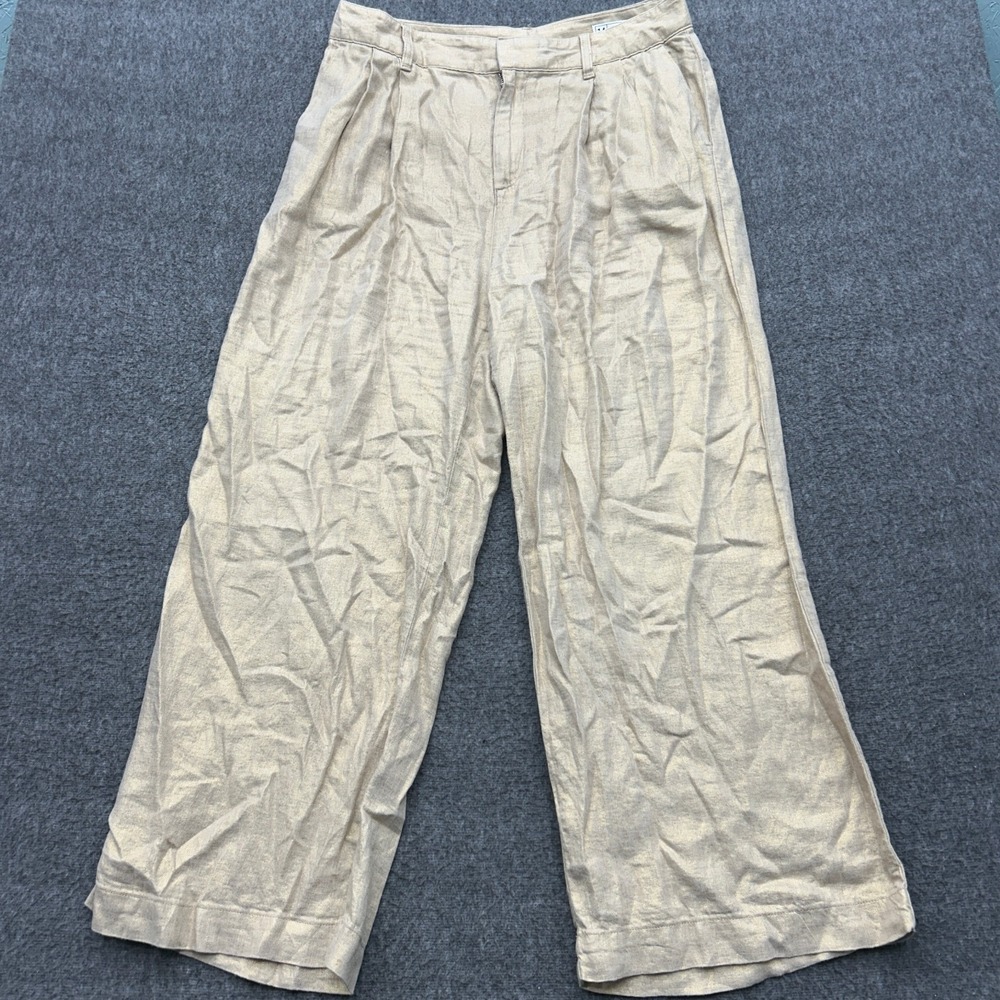 Gap High Rise Linen Pleated Wide Leg Pants Size 14 Gold Metallic Shimmer